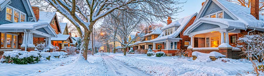 charming snow-covered street of older Cleveland homes on a bright winter morning
