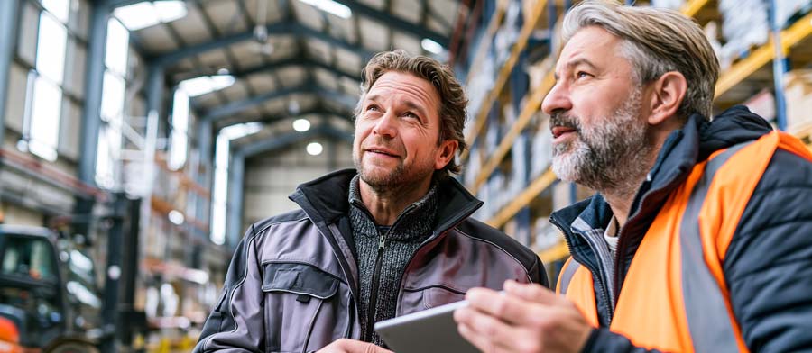 insulation contractor in company jacket and hi-vis vest consulting with a warehouse owner on the floor of a metal industrial building