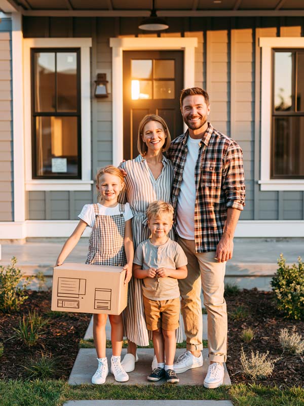 family standing on the front porch of their brand new craftsman style home on move-in day
