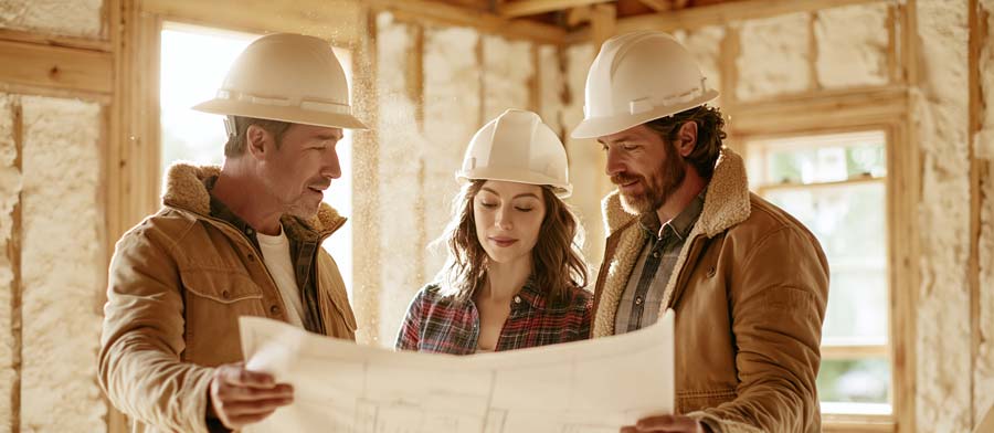 homeowner couple in hard hats reviewing blueprints with a friendly insulation contractor inside a newly framed house