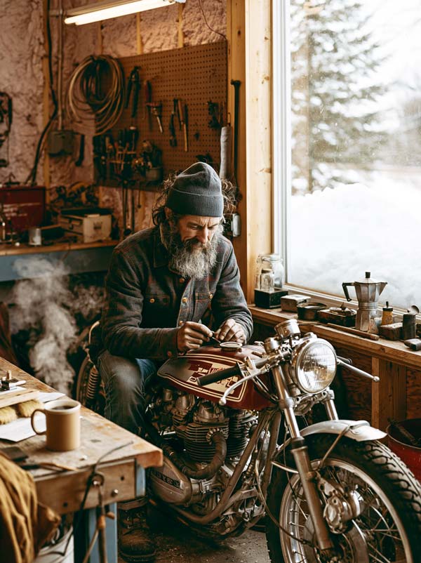 man in his fifties happily working on a vintage motorcycle at a workbench inside his foam-insulated pole barn workshop