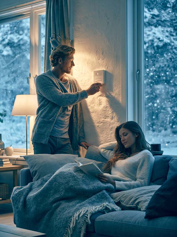 relaxed couple in a warm inviting living room on a winter evening