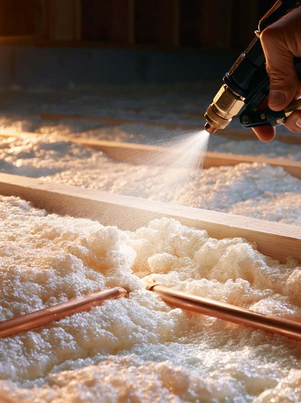 close-up of a spray foam gun applying closed-cell foam into a single rim joist bay