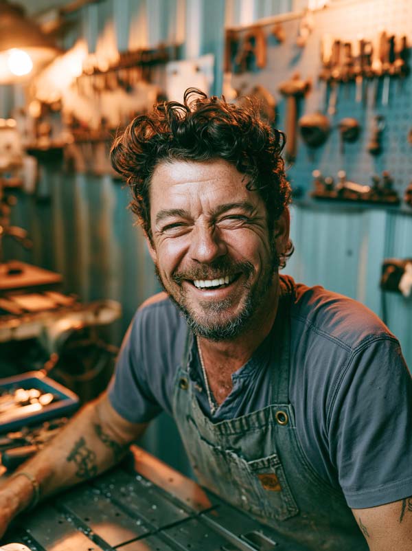 shop owner in work apron smiling while working at a bench in a bright, clean machine shop