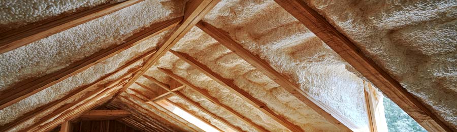 open-cell spray foam sprayed against an attic roof deck between wood rafters